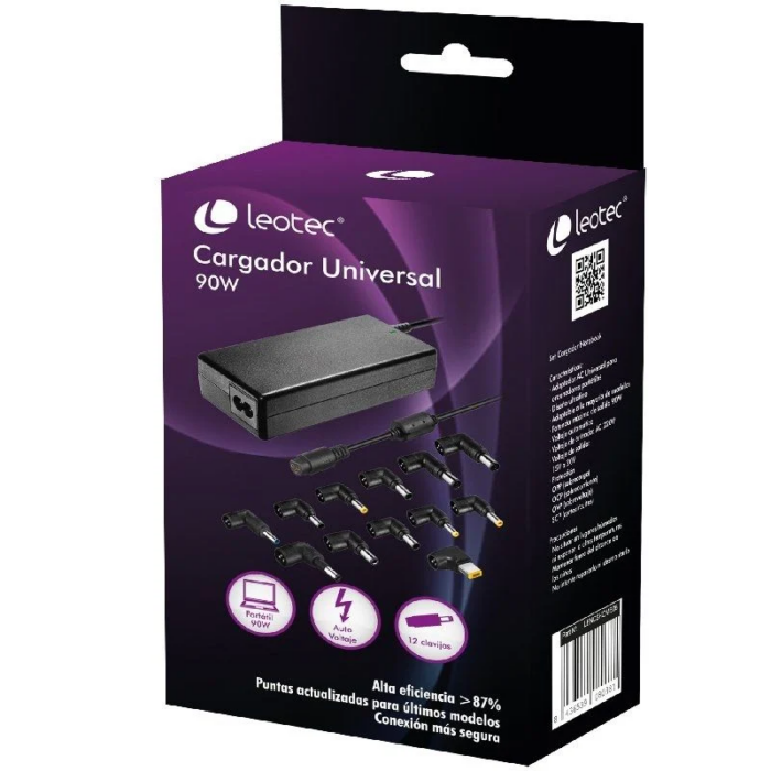 Cargador de Portátil 90W Automático 12 Conectores Voltaje 15-20V Leotec Home
