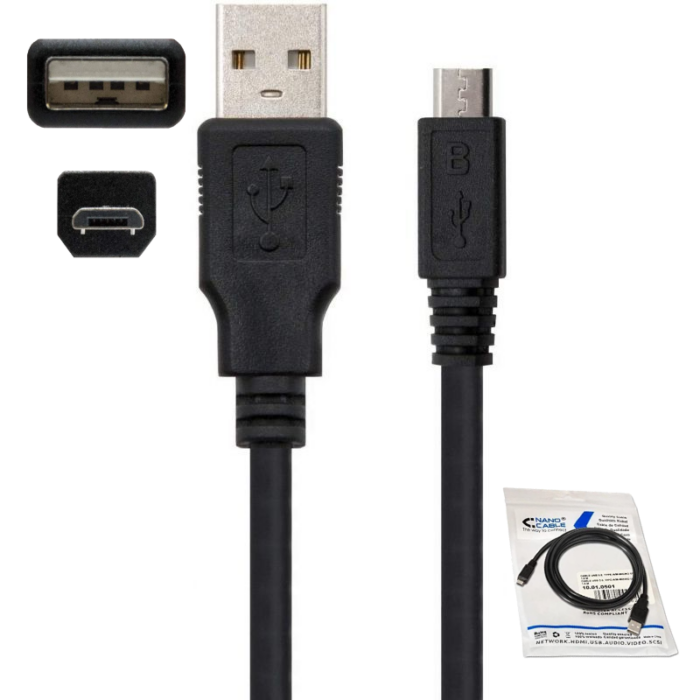 Cable USB 2.0 Nanocable 10.01.0501/ USB Macho - MicroUSB Macho/ 1.8m/ Negro